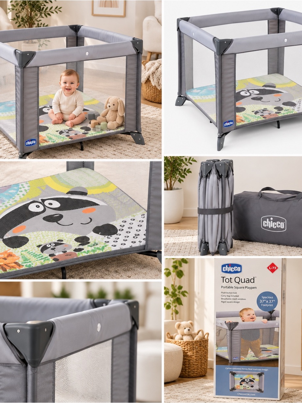 Chicco Gray Tot Quad Portable Playpen with Printed Playmat